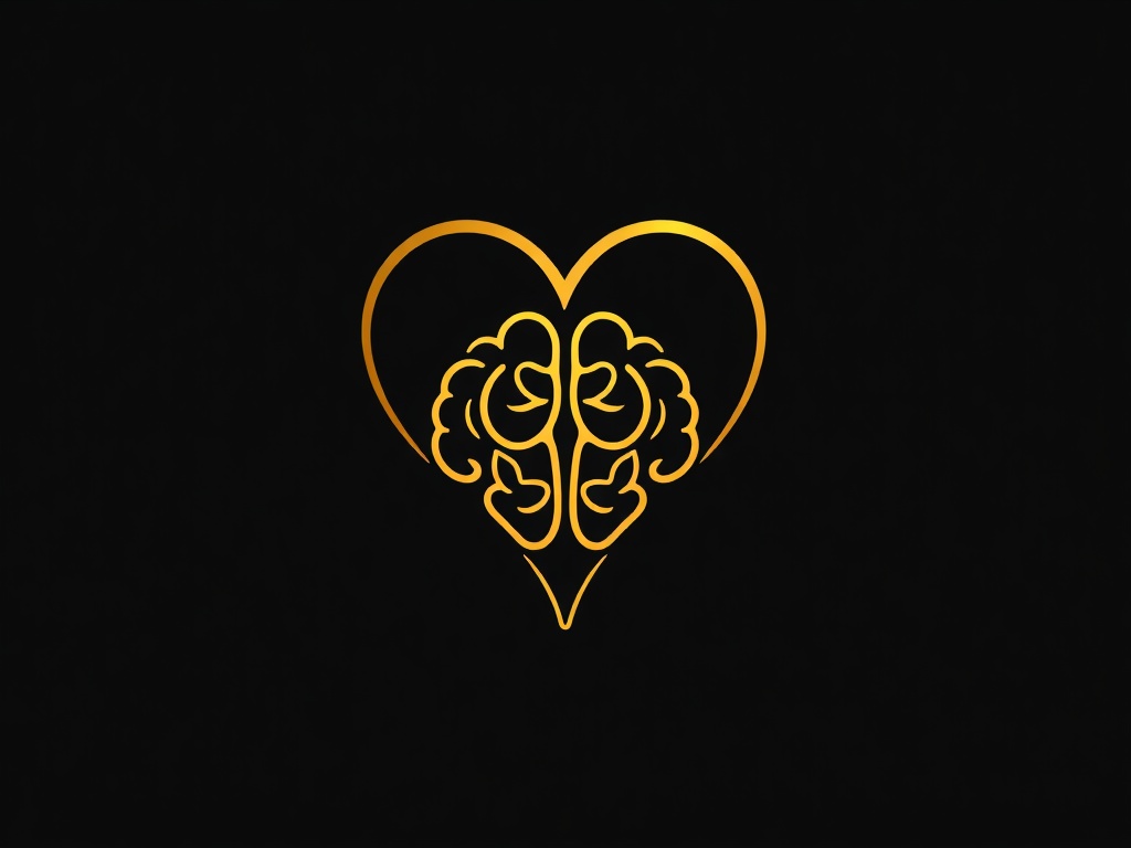 A beautifully designed abstract mark: a curved line forming a heart and a brain interwoven, in gold on a dark background. Elegant, minimal, scalable.